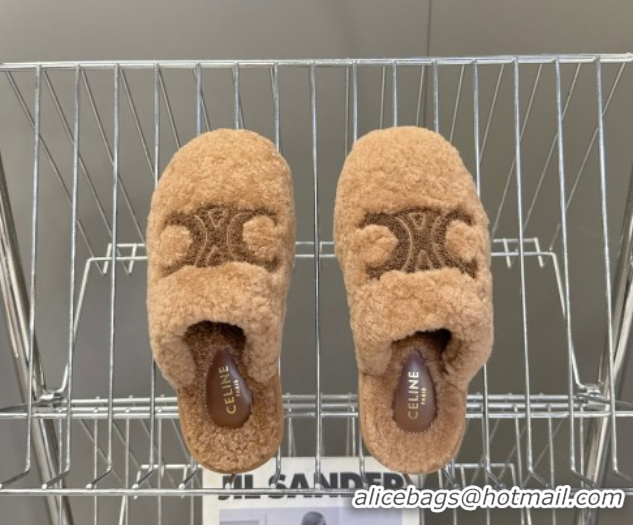 Duplicate Celine Georgia Flat Slides Sandal in Shearling Tan Brown 1024069