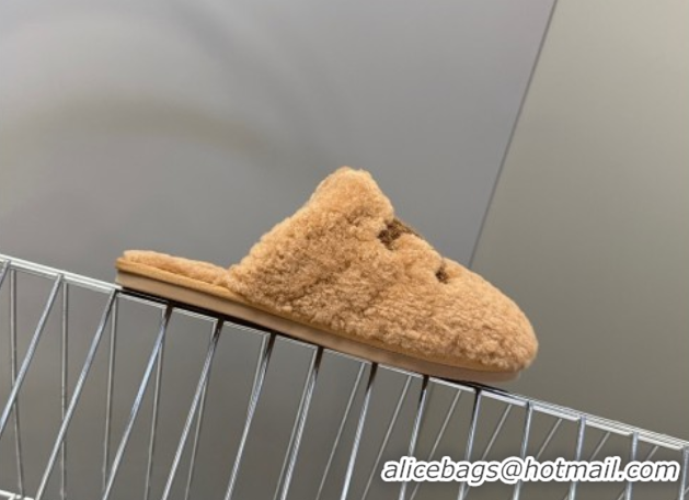 Duplicate Celine Georgia Flat Slides Sandal in Shearling Tan Brown 1024069