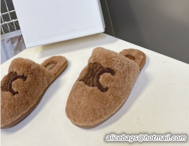 Duplicate Celine Georgia Flat Slides Sandal in Shearling Tan Brown 1024069