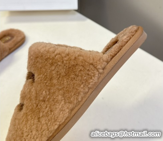 Duplicate Celine Georgia Flat Slides Sandal in Shearling Tan Brown 1024069