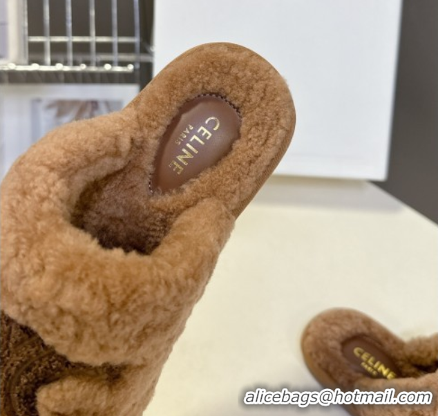 Duplicate Celine Georgia Flat Slides Sandal in Shearling Tan Brown 1024069