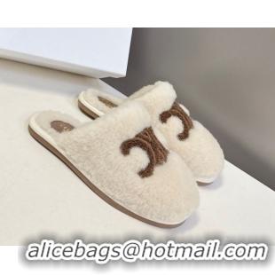 Grade Quality Celine Georgia Flat Slides Sandal in Shearling White 1024070