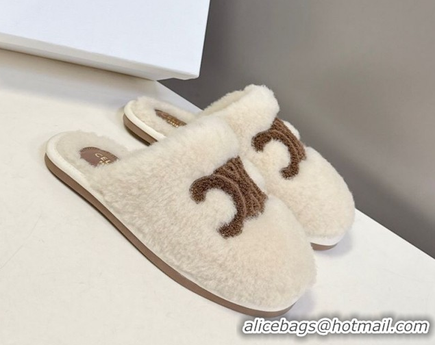Grade Quality Celine Georgia Flat Slides Sandal in Shearling White 1024070