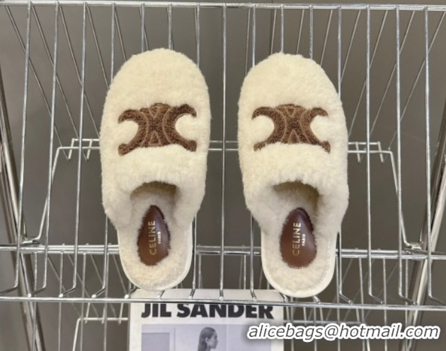 Grade Quality Celine Georgia Flat Slides Sandal in Shearling White 1024070