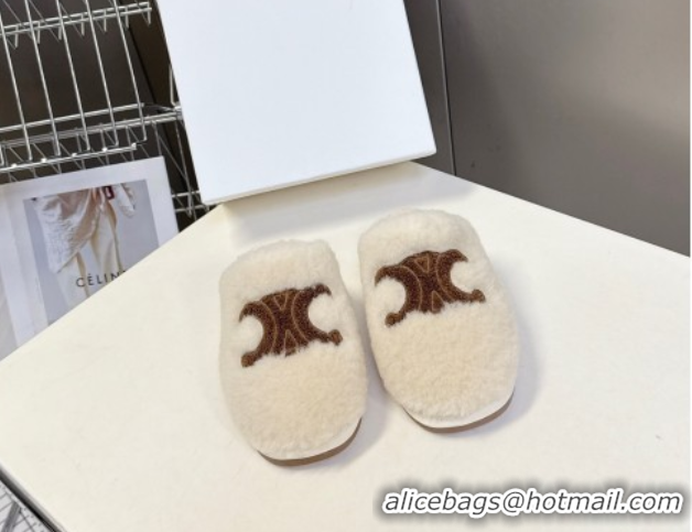 Grade Quality Celine Georgia Flat Slides Sandal in Shearling White 1024070