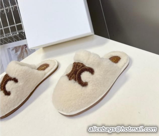 Grade Quality Celine Georgia Flat Slides Sandal in Shearling White 1024070