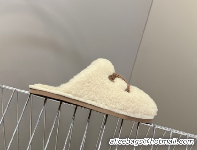 Grade Quality Celine Georgia Flat Slides Sandal in Shearling White 1024070