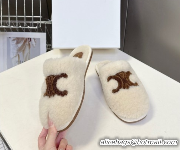 Grade Quality Celine Georgia Flat Slides Sandal in Shearling White 1024070