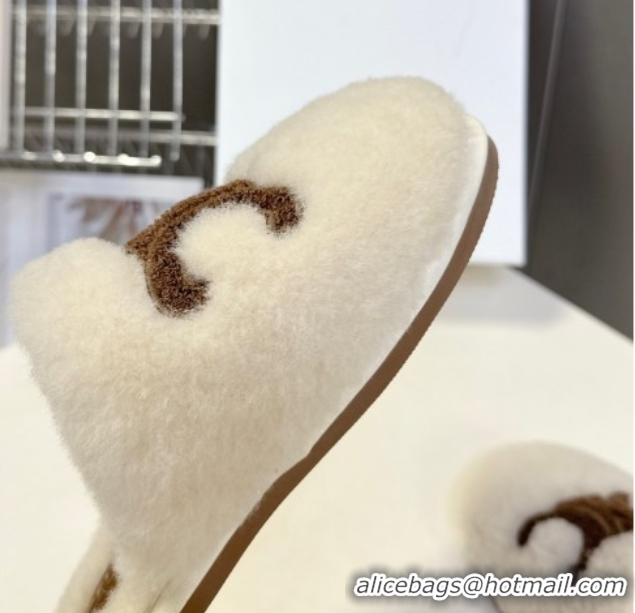 Grade Quality Celine Georgia Flat Slides Sandal in Shearling White 1024070