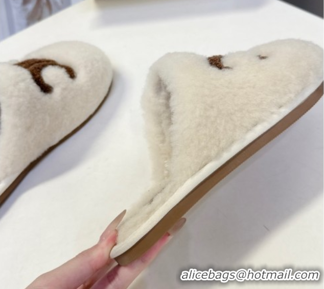 Grade Quality Celine Georgia Flat Slides Sandal in Shearling White 1024070