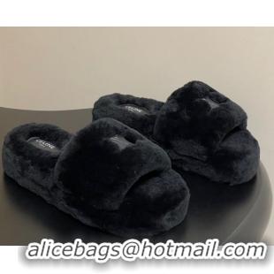 Luxurious Celine Triomphe Wool Platform Slides Sandal Black CE102406 1024071