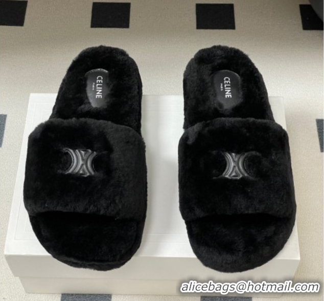 Luxurious Celine Triomphe Wool Platform Slides Sandal Black CE102406 1024071