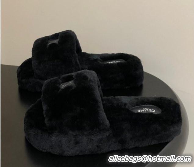 Luxurious Celine Triomphe Wool Platform Slides Sandal Black CE102406 1024071