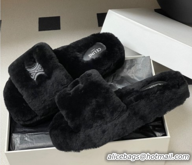 Luxurious Celine Triomphe Wool Platform Slides Sandal Black CE102406 1024071