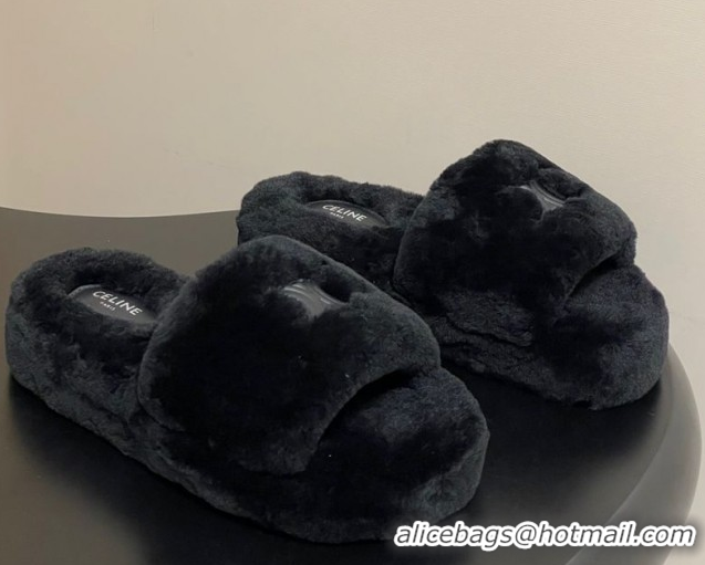 Luxurious Celine Triomphe Wool Platform Slides Sandal Black CE102406 1024071
