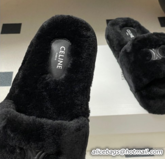 Luxurious Celine Triomphe Wool Platform Slides Sandal Black CE102406 1024071