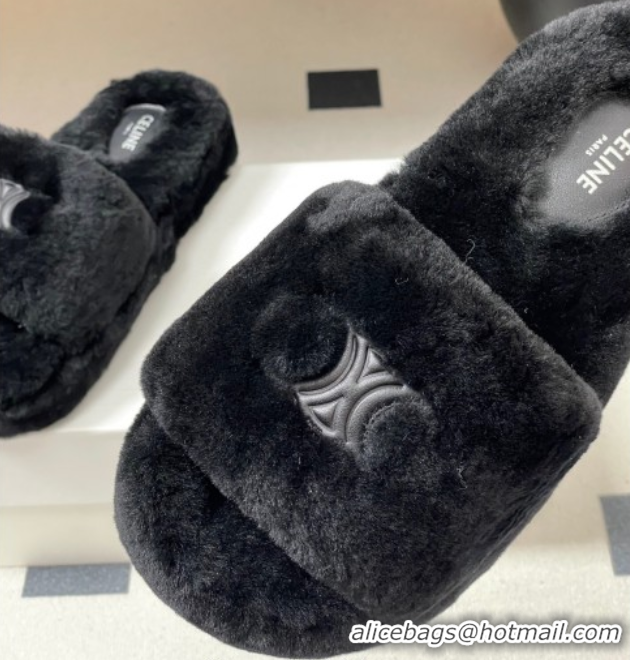 Luxurious Celine Triomphe Wool Platform Slides Sandal Black CE102406 1024071