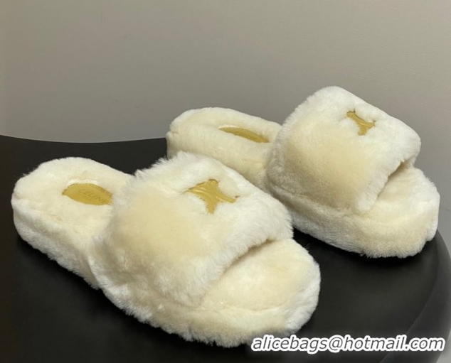 Classic Hot Celine Triomphe Wool Platform Slides Sandal White 2025 CE102406 1024072