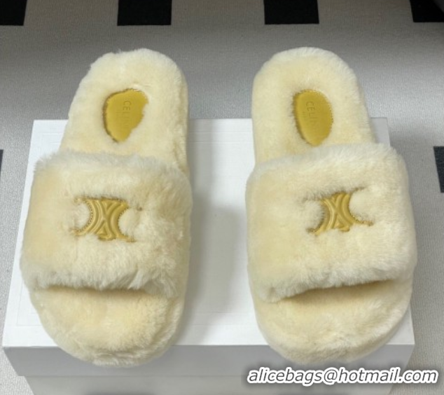 Classic Hot Celine Triomphe Wool Platform Slides Sandal White 2025 CE102406 1024072