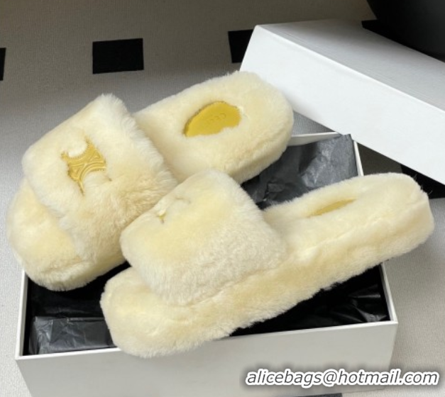 Classic Hot Celine Triomphe Wool Platform Slides Sandal White 2025 CE102406 1024072