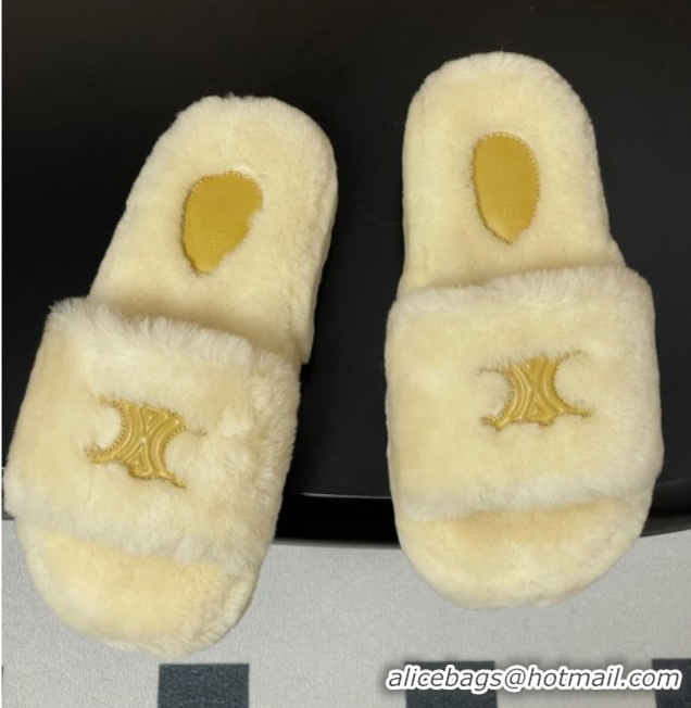 Classic Hot Celine Triomphe Wool Platform Slides Sandal White 2025 CE102406 1024072