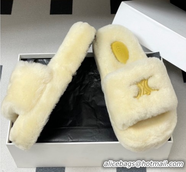 Classic Hot Celine Triomphe Wool Platform Slides Sandal White 2025 CE102406 1024072