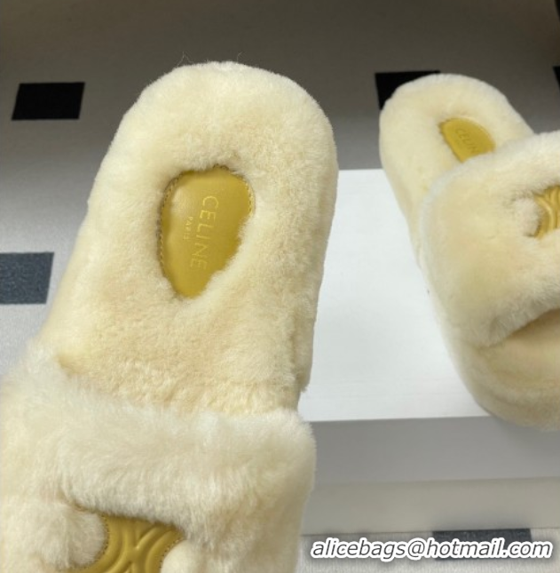 Classic Hot Celine Triomphe Wool Platform Slides Sandal White 2025 CE102406 1024072