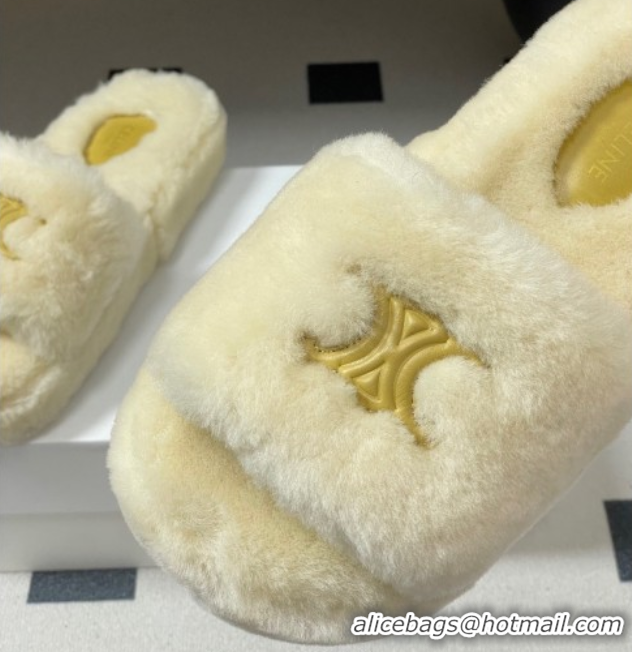 Classic Hot Celine Triomphe Wool Platform Slides Sandal White 2025 CE102406 1024072