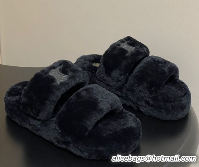 Sumptuous Celine Triomphe Wool Platform Slides Sandal Black 2025 CE102407 1024073