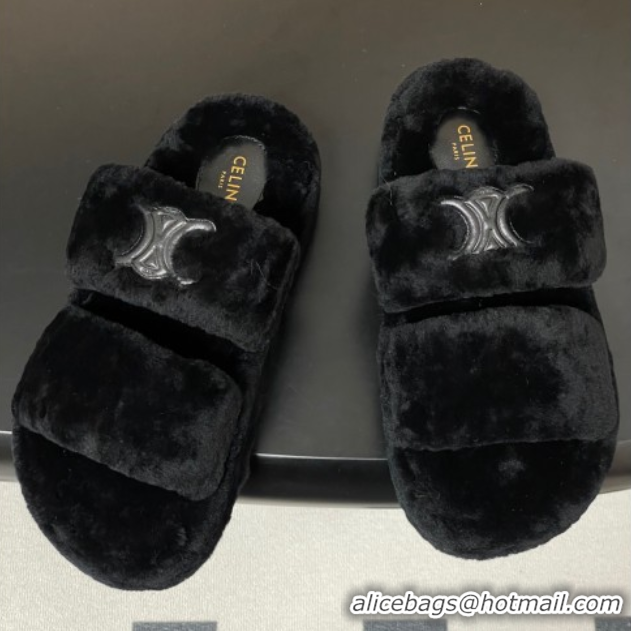 Sumptuous Celine Triomphe Wool Platform Slides Sandal Black 2025 CE102407 1024073