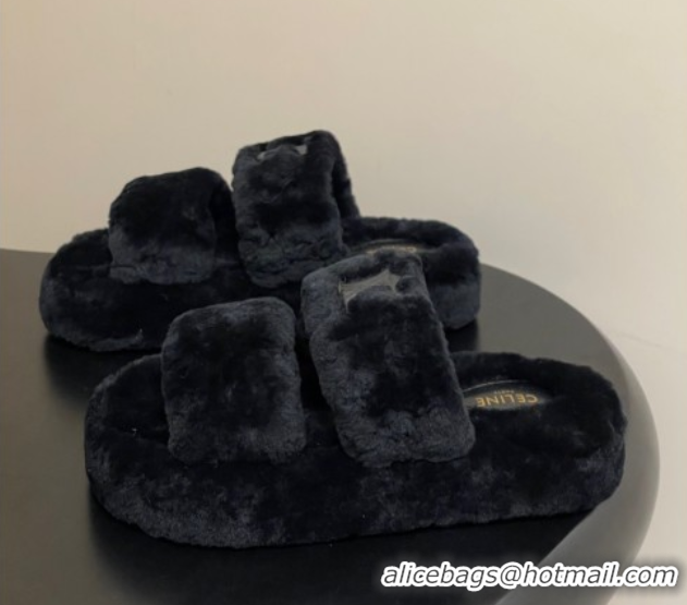 Sumptuous Celine Triomphe Wool Platform Slides Sandal Black 2025 CE102407 1024073