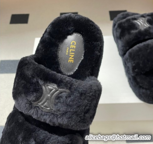 Sumptuous Celine Triomphe Wool Platform Slides Sandal Black 2025 CE102407 1024073