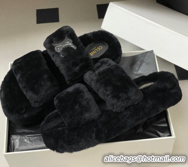 Sumptuous Celine Triomphe Wool Platform Slides Sandal Black 2025 CE102407 1024073