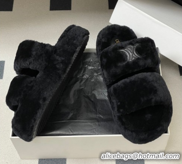 Sumptuous Celine Triomphe Wool Platform Slides Sandal Black 2025 CE102407 1024073