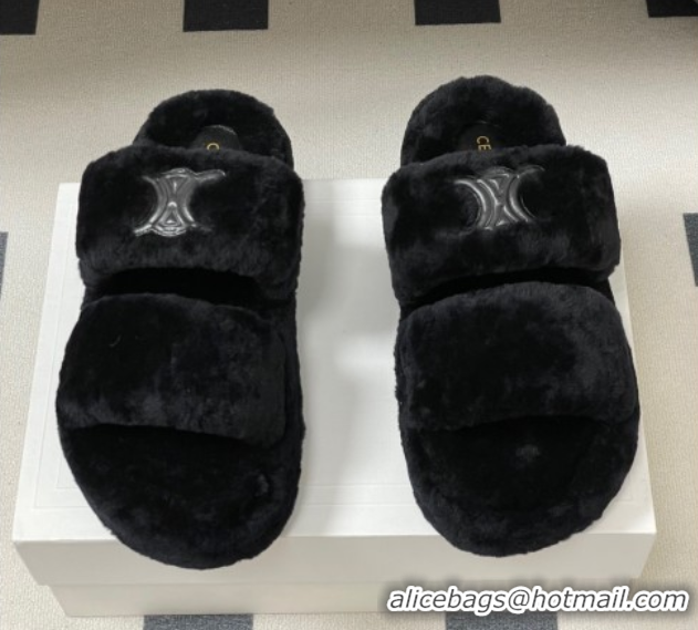 Sumptuous Celine Triomphe Wool Platform Slides Sandal Black 2025 CE102407 1024073