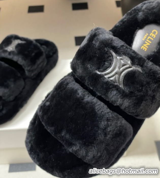 Sumptuous Celine Triomphe Wool Platform Slides Sandal Black 2025 CE102407 1024073