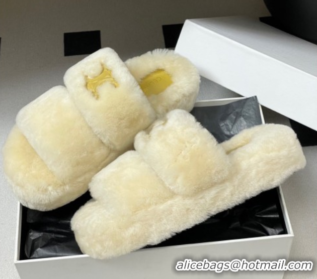 Good Looking Celine Triomphe Wool Platform Slides Sandal White 2025 CE102407 1024074