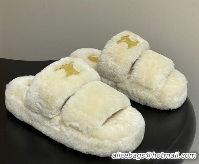 Good Looking Celine Triomphe Wool Platform Slides Sandal White 2025 CE102407 1024074