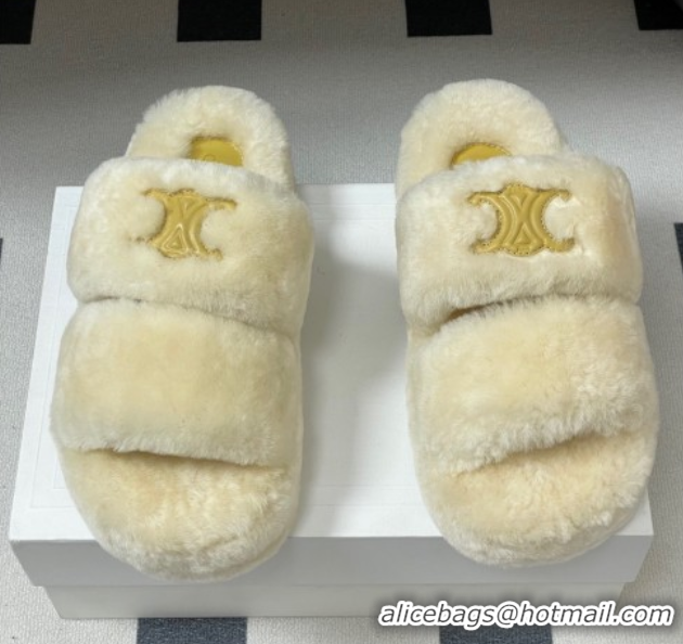 Good Looking Celine Triomphe Wool Platform Slides Sandal White 2025 CE102407 1024074