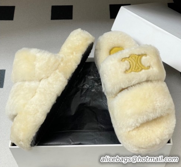 Good Looking Celine Triomphe Wool Platform Slides Sandal White 2025 CE102407 1024074