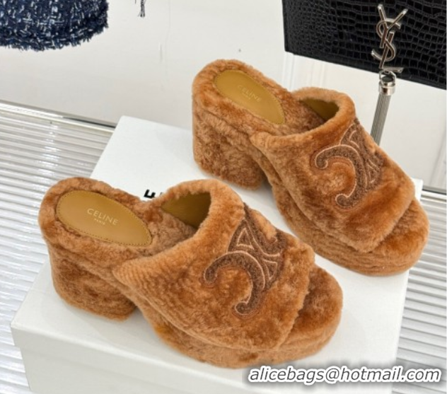Perfect Celine Triomphe Wool Platform Slides Sandal 8cm Brown 2025 7027801