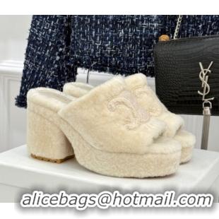 Stylish Celine Triomphe Wool Platform Slides Sandal 8cm White 2025 7027801