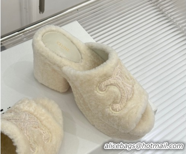 Stylish Celine Triomphe Wool Platform Slides Sandal 8cm White 2025 7027801