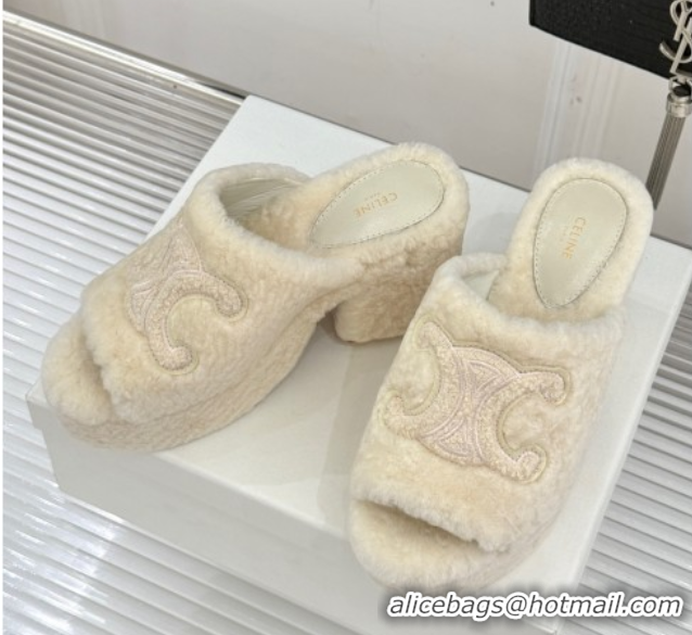 Stylish Celine Triomphe Wool Platform Slides Sandal 8cm White 2025 7027801