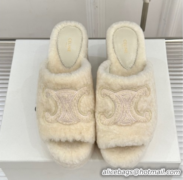 Stylish Celine Triomphe Wool Platform Slides Sandal 8cm White 2025 7027801