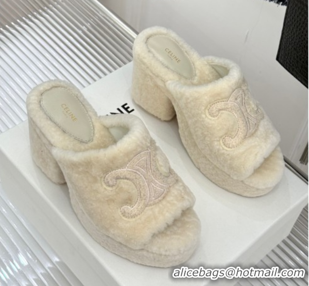 Stylish Celine Triomphe Wool Platform Slides Sandal 8cm White 2025 7027801