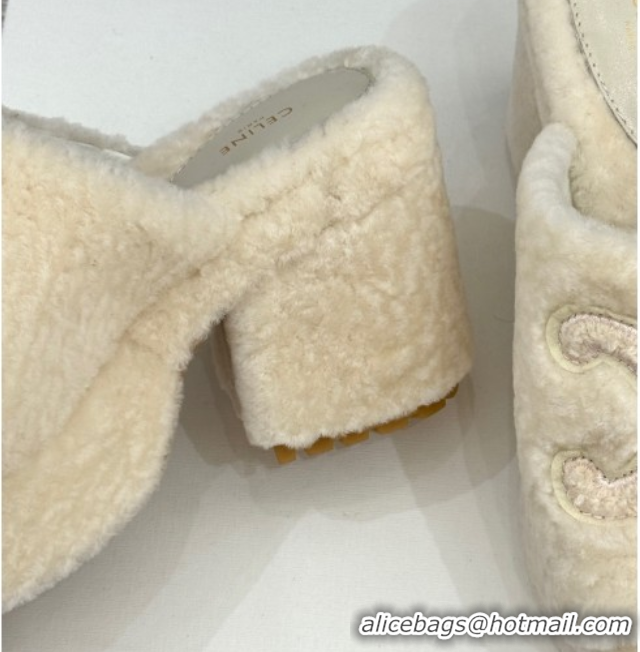 Stylish Celine Triomphe Wool Platform Slides Sandal 8cm White 2025 7027801