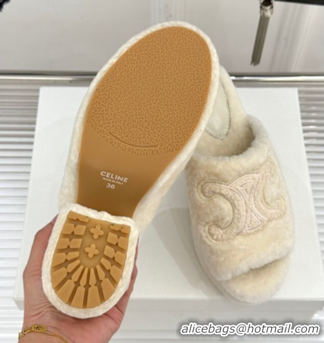 Stylish Celine Triomphe Wool Platform Slides Sandal 8cm White 2025 7027801