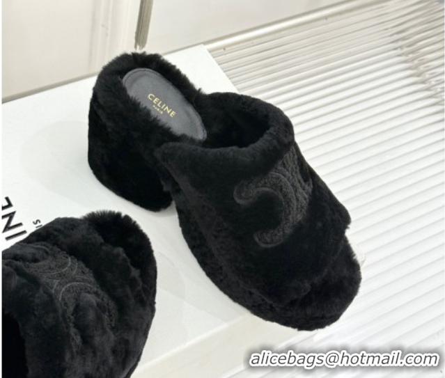 Popular Style Celine Triomphe Wool Platform Slides Sandal 8cm Black 2025 7027801