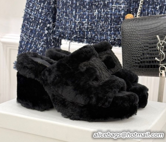 Popular Style Celine Triomphe Wool Platform Slides Sandal 8cm Black 2025 7027801